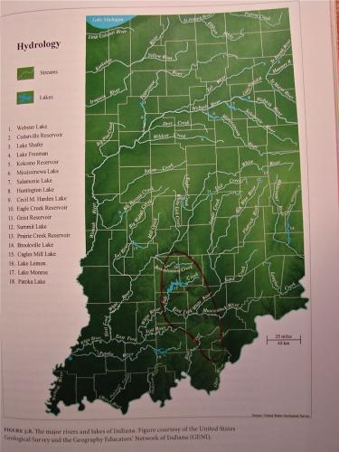 _Map of the state of Indiana. The area, circled in red, in South-central Indiana is the only area where collector quality geodes might reasonably be expected to be found (Author: Bob Harman)