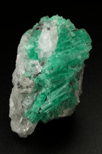 Beryl (variety emerald), Calcite, Pyrite, Quartz<br />Coscuez mining district, Jerusalem Mine, Municipio San Pablo de Borbur, Western Emerald Belt, Boyacá Department, Colombia<br />H:44mm x W:25mm<br /> (Author: Fiebre Verde)