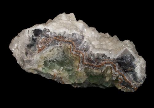 Fluorite, Quartz<br />Rogerley Mine, Frosterley, Weardale, North Pennines Orefield, County Durham, England / United Kingdom<br />15 cm x 6.5 cm x 7 cm<br /> (Author: Jamison Brizendine)