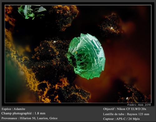 Adamite<br />Mina Hilarion, Zona Hilarion, Minas Kamariza, Agios Konstantinos, Distrito minero Lavrion, Prefectura Attikí (Attica), Grecia<br />fov 1.8 mm<br /> (Author: ploum)