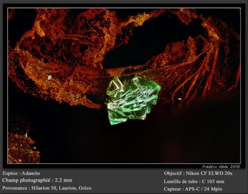 Adamite<br />Hilarion Mine, Hilarion area, Kamariza Mines, Agios Konstantinos, Lavrion Mining District, Attikí (Attica) Prefecture, Greece<br />fov 2.2 mm<br /> (Author: ploum)