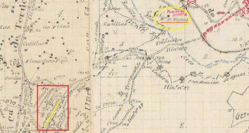 Minutas Cartográficas, término municipal de Teruel. Zona 1ª Hojas 1ª y 2ª. Año 1916. Instituto Geográfico y Estadístico.
Enmarcada en amarillo la zona donde se sitúa la "Masía de Nogués" (paraje subrayado en naranja), el puente del ferrocarril y el Barranco del Nabo; enmarcada en rojo la zona del cementerio junto al cual se situaba, en tiempos, el "Camino del Calvario" (subrayado en amarillo). La escala de edición era 1:25.000, pero la de visualización que muestro está a E:1/8000

© Instituto Geográfico Nacional (Autor: Inma)