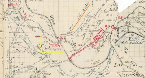 Minutas Cartográficas, término municipal de Teruel. Zona 1ª Hojas 1ª y 2ª. Año 1916. Instituto Geográfico y Estadístico.
Enmarcada en amarillo y ampliada la zona donde se sitúa la "Masía de Nogués", el puente del ferrocarril y el Barranco del Nabo (subrayado en naranja). La escala de edición era 1:25.000, pero la de visualización que muestro está a E:1/8000

© Instituto Geográfico Nacional (Autor: Inma)