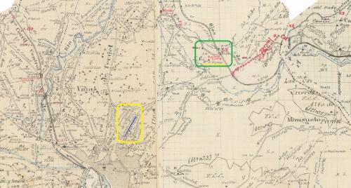 Minutas Cartográficas, término municipal de Teruel. Zona 1ª Hojas 1ª y 2ª. Año 1916. Instituto Geográfico y Estadístico.
Enmarcada en verde la zona donde se sitúa la "Masía de Nogués" (paraje subrayado en amarillo), el puente del ferrocarril y el Barranco; enmarcada en amarillo la zona del cementerio junto al cual se situaba, en tiempos, el "Camino del Calvario" (subrayado en azul). La escala de edición era 1:25.000, pero la de visualización que muestro está a E:1/16550

© Instituto Geográfico Nacional (Autor: Inma)