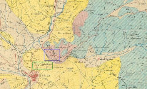 Parte del Mapa Geológico de España a escala 1:50.000 (1ª Serie) para la Hoja nº 567, editado por el IGME en 1931. 
Enmarcada en azul la zona donde se sitúa la "Masía de Nogués" (cuadradito rojo), el puente del ferrocarril y el Barranco; enmarcada en verde la zona del cementerio junto al cual se situaba, en tiempos, el "Camino del Calvario". La mancha triásica aparece representada en color un tanto rosado sobre la Masía, el Barranco y la Rambla de Río Seco. (Autor: Inma)