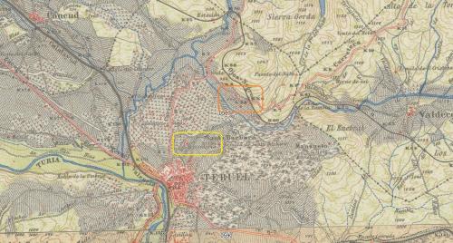 Parte del Mapa Topográfico Nacional editado en 1923 por el IGN. 
Enmarcada en naranja la zona donde se sitúa la "Masía de Nogués" (cuadradito rojo), el puente del ferrocarril y el Barranco; enmarcada en amarillo la zona del cementerio junto al cual se situaba, en tiempos, el "Camino del Calvario".

© Instituto Geográfico Nacional (Autor: Inma)