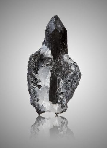 Gaudefroyite with Calcite<br />Zona minera N'Chwaning, Kuruman, Kalahari manganese field (KMF), Provincia Septentrional del Cabo, Sudáfrica<br />2,5	x	1,5	x	4,5	cm<br /> (Author: MIM Museum)