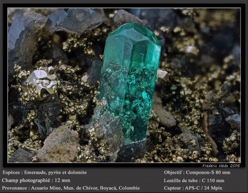 Beryl (variety emerald) with Pyrite and Dolomite<br />Chivor mining district, El Acuario Mine, Municipio Chivor, Eastern Emerald Belt, Boyacá Department, Colombia<br />fov 12 mm<br /> (Author: ploum)