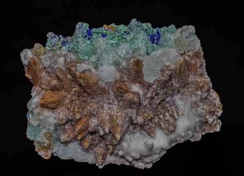Calcite, Azurite, Malachite<br />Kamariza Mines, Agios Konstantinos, Lavrion Mining District, Attikí (Attica) Prefecture, Greece<br />9.3 x 7.1 cm<br /> (Author: am mizunaka)