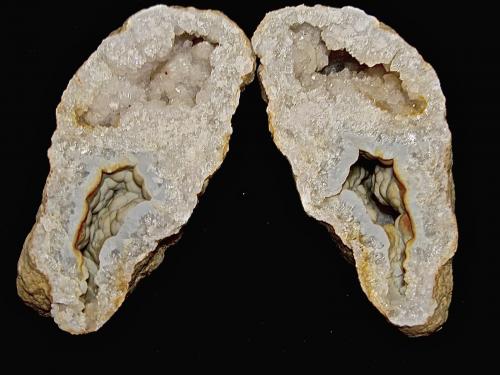 Quartz and Quartz (variety chalcedony)<br />Condado Monroe, Indiana, USA<br />geode is 13 cm x 6 cm. Each cavity is about 6 cm max dimension<br /> (Author: Bob Harman)