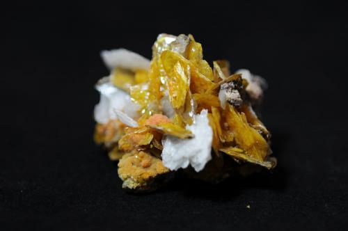 Barite on Wulfenite and Mimetite<br />San Francisco Mine, Cerro Prieto, Cucurpe, Municipio Cucurpe, Sonora, Mexico<br />5.7 x 4.6 x 3.4 cm<br /> (Author: steven calamuci)