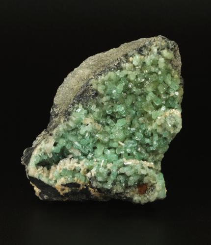 Beryl (variety emerald), Albite (variety cleavelandite), Quartz, Calcite<br />Coscuez mining district, Calceteros Mine, Municipio San Pablo de Borbur, Western Emerald Belt, Boyacá Department, Colombia<br />96x75x33mm, xls up to 10mm<br /> (Author: Fiebre Verde)