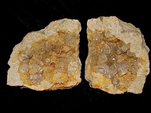 Calcite with Marcasite inclusions on Dolomite<br />Afloramientos Carretera Estatal 56, Canton, Condado Washington, Indiana, USA<br />specimen is  9 cm, the calcites are up to 1.2 cm<br /> (Author: Bob Harman)
