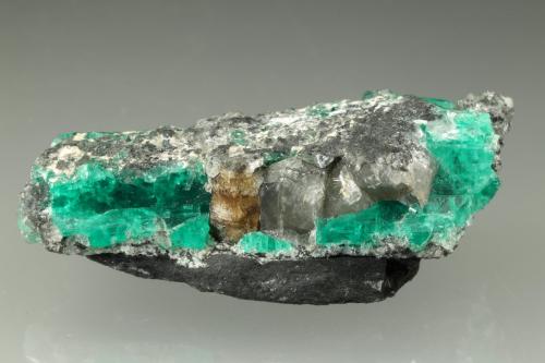 Beryl (variety emerald), Dolomite, Parisite-(Ce)<br />Muzo mining district, Western Emerald Belt, Boyacá Department, Colombia<br />39x12x22mm, Parisite=5mm, largest Beryl=12mm<br /> (Author: Fiebre Verde)