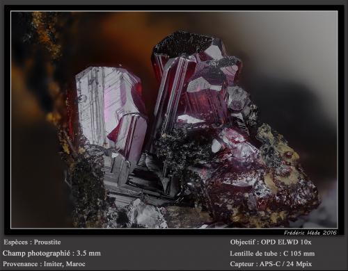 Proustite<br />Mina Imiter, Jebel Saghro, Distrito Imiter, Provincia Tinghir, Región Drâa-Tafilalet, Marruecos<br />fov 3.5 mm<br /> (Author: ploum)