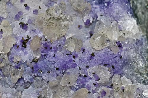 Quartz (variety smoky quartz), Fluorite, Calcite, Marcasite<br />Francon Quarry, Montréal, St. Michel District, Jacques Cartier County, Québec, Canada<br /><br /> (Author: am mizunaka)