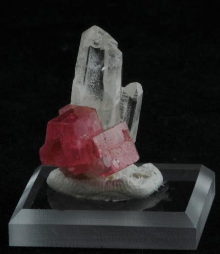 Rhodochrosite and Quartz<br />Mina Huayllapon (Mina Huallapon), Pasto Bueno, Distrito Pampas, Provincia Pallasca, Departamento Ancash, Perú<br />2.6 x 1.7 x 1.7 cm<br /> (Author: steven calamuci)