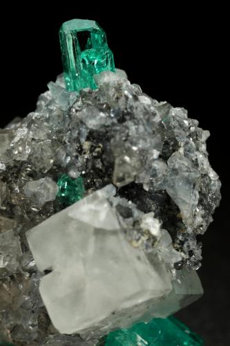 Beryl (variety emerald), Calcite, Fluorite<br />Chivor mining district, Municipio Chivor, Eastern Emerald Belt, Boyacá Department, Colombia<br />25x24x21mm, main xl=10mm<br /> (Author: Fiebre Verde)