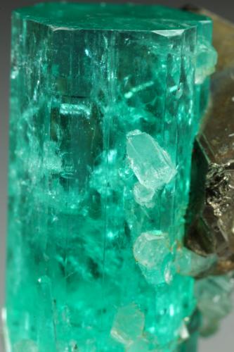 Beryl (variety emerald), Pyrite<br />Chivor mining district, Municipio Chivor, Eastern Emerald Belt, Boyacá Department, Colombia<br />xl=19x7.5mm<br /> (Author: Fiebre Verde)