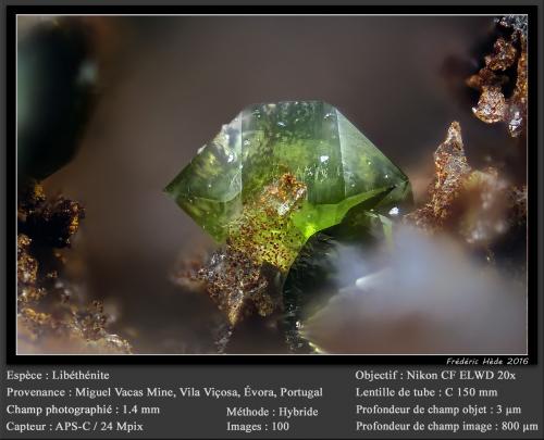 Libethenite<br />Miguel Vacas Mine, Pardais and Conceição Parish, Vila Viçosa, Évora District, Portugal<br />fov 1.4 mm<br /> (Author: ploum)