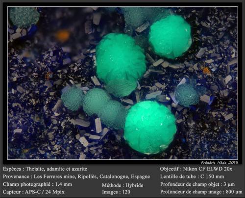 Theisite, Adamite and Azurite<br />Les Ferreres Mine, Rocabruna, Camprodon, Comarca Ripollès, Gerona / Girona, Catalonia / Catalunya, Spain<br />fov 1.4 mm<br /> (Author: ploum)