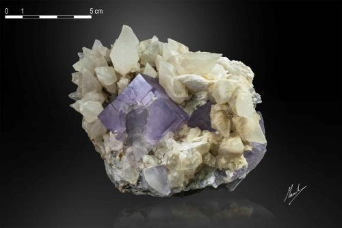 Fluorite and Calcite<br />San Lino Quarry, Aurora vein, Caravia mining area, Cerracín, Prado, Caravia, Comarca Oriente, Principality of Asturias (Asturias), Spain<br />110 x 102 mm<br /> (Author: Manuel Mesa)