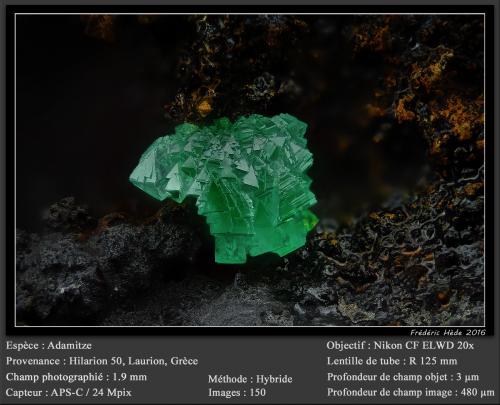 Adamite<br />Mina Hilarion, Zona Hilarion, Minas Kamariza, Agios Konstantinos, Distrito minero Lavrion, Prefectura Attikí (Attica), Grecia<br />fov 1.9 mm<br /> (Author: ploum)