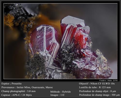 Proustite<br />Imiter District, Tinghir Province, Drâa-Tafilalet Region, Morocco<br />fov 3.8 mm<br /> (Author: ploum)