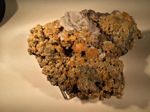 Wulfenite, Mimetite, Barite<br />San Francisco Mine, Cerro Prieto, Cucurpe, Municipio Cucurpe, Sonora, Mexico<br />130 mm x 100 mm x 65 mm<br /> (Author: Robert Seitz)