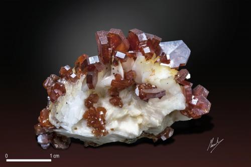 Vanadinite on Barite<br />Mina ACF, Distrito minero Mibladen, Mibladen, Midelt, Provincia Midelt, Región Drâa-Tafilalet, Marruecos<br />40 x 20 mm<br /> (Author: Manuel Mesa)