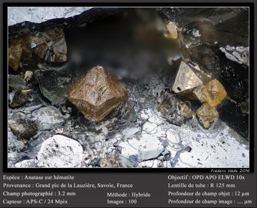 Anatase on Hematite<br />Grand Pic de la Lauzière, Macizo La Lauzière, Saint-Jean-de-Maurienne, Saboya, Auvergne-Rhône-Alpes, Francia<br />fov 3.2 mm<br /> (Author: ploum)