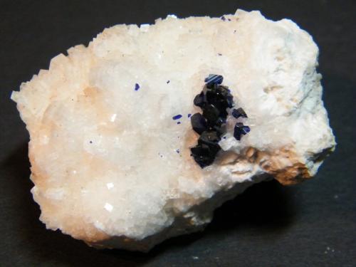 Azurite on Calcite<br />Tsumeb Mine, Tsumeb, Otjikoto Region, Namibia<br />50mm x 35mm<br /> (Author: Heimo Hellwig)