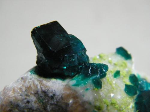 Dioptase on Calcite<br />Tsumeb Mine, Tsumeb, Otjikoto Region, Namibia<br />70mm x 60mm x 40mm<br /> (Author: Heimo Hellwig)