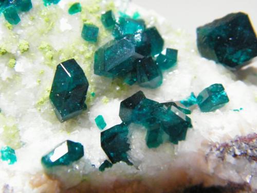 Dioptase on Calcite<br />Tsumeb Mine, Tsumeb, Otjikoto Region, Namibia<br />70mm x 60mm x 40mm<br /> (Author: Heimo Hellwig)