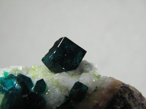 Dioptase on Calcite<br />Tsumeb Mine, Tsumeb, Otjikoto Region, Namibia<br />70mm x 60mm x 40mm<br /> (Author: Heimo Hellwig)