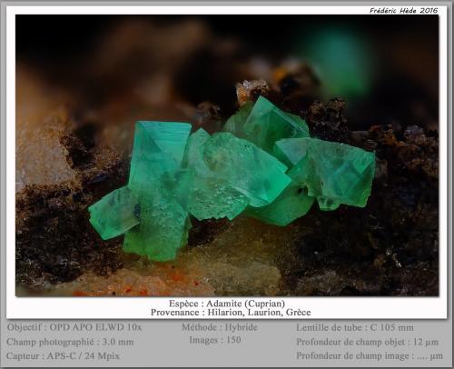 Adamite (variety cuprian adamite)<br />Mina Hilarion, Zona Hilarion, Minas Kamariza, Agios Konstantinos, Distrito minero Lavrion, Prefectura Attikí (Attica), Grecia<br />fov 6.0 mm<br /> (Author: ploum)