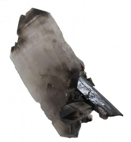 Quartz, aegirine, zircon, feldspar
Mount Malosa, Zomba District, Malawi
107 mm x 102 mm x 57 mm. Main aegirine crystal: 92 mm long, 12 mm wide. Main quartz crystal: 116 mm long, 55 mm wide, 13 mm thick
Back view (Author: Carles Millan)