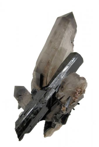 Quartz, aegirine, zircon, feldspar
Mount Malosa, Zomba District, Malawi
107 mm x 102 mm x 57 mm. Main aegirine crystal: 92 mm long, 12 mm wide. Main quartz crystal: 116 mm long, 55 mm wide, 13 mm thick (Author: Carles Millan)