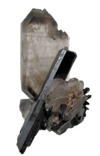 Quartz, aegirine, zircon, feldspar
Mount Malosa, Zomba District, Malawi
107 mm x 102 mm x 57 mm. Main aegirine crystal: 92 mm long, 12 mm wide. Main quartz crystal: 116 mm long, 55 mm wide, 13 mm thick (Author: Carles Millan)