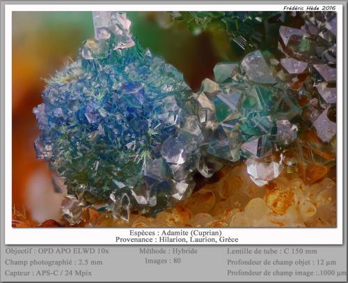 Adamite<br />Mina Hilarion, Zona Hilarion, Minas Kamariza, Agios Konstantinos, Distrito minero Lavrion, Prefectura Attikí (Attica), Grecia<br />fov 2.5 mm<br /> (Author: ploum)