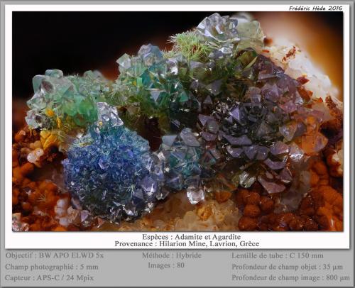 Adamite and Agardite-(Y)<br />Mina Hilarion, Zona Hilarion, Minas Kamariza, Agios Konstantinos, Distrito minero Lavrion, Prefectura Attikí (Attica), Grecia<br />fov 5 mm<br /> (Author: ploum)