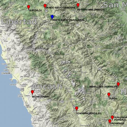 _Location of Huayllapon mine<br />Huayllapon Mine (Huallapon Mine), Pasto Bueno, Pampas District, Pallasca Province, Ancash Department, Peru<br /><br /> (Author: Carles Millan)