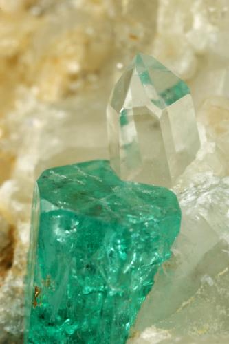 Beryl (variety emerald), Calcite, Quartz<br />Peñas Blancas Mine, Municipio San Pablo de Borbur, Western Emerald Belt, Boyacá Department, Colombia<br />52x32x40mm, main xl=10mm<br /> (Author: Fiebre Verde)