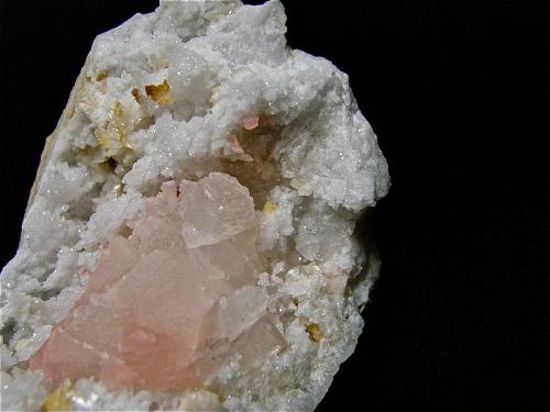 Dolomite and Calcite (variety manganese rich) on Quartz<br />State Route 37 road cuts, Harrodsburg, Clear Creek Township, Monroe County, Indiana, USA<br />geode is 7 cm and the main calcite is 5 cm<br /> (Author: Bob Harman)