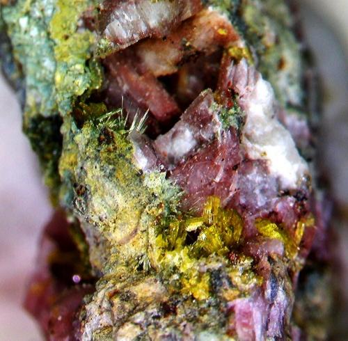 Clinozoisita y Pumpellyita.<br />Cantera Los Arenales, Monte La Rocha de Piquer, Torás, Comarca Alto Palancia, Castellón / Castelló, Comunidad Valenciana / Comunitat Valenciana, España<br />20x6 mm.<br /> (Autor: Jesus Franquesa Baucells)