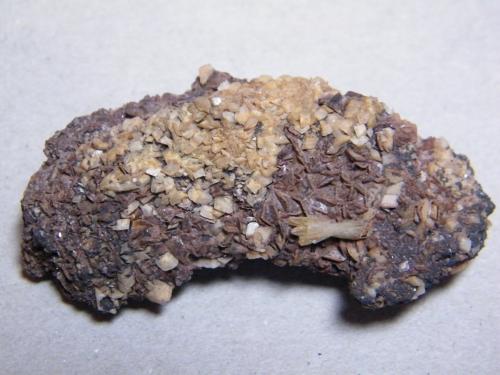 Calcite and Mimetite<br />Tsumeb Mine, Tsumeb, Otjikoto Region, Namibia<br />60mm x 23mm x 30mm<br /> (Author: Heimo Hellwig)