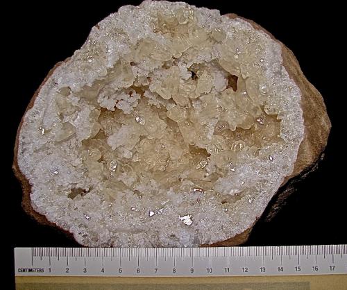 Calcite on Quartz<br />Afloramientos Carretera Estatal 56, Canton, Condado Washington, Indiana, USA<br />geode is 14 cm x 12 cm. Calcites are up to 2.2 cm<br /> (Author: Bob Harman)