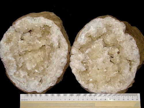 Calcites on Quartz<br />Afloramientos Carretera Estatal 56, Canton, Condado Washington, Indiana, USA<br />geode is 14 cm x 12 cm. Calcites are up to 2.2 cm<br /> (Author: Bob Harman)