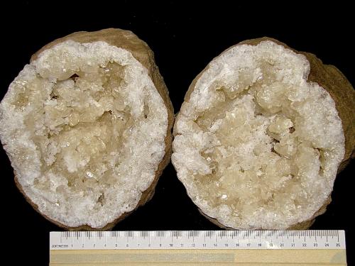 Calcites on Quartz<br />State Route 56 road cut, Canton, Washington County, Indiana, USA<br />geode is 14 cm x 12 cm. Calcites are up to 2.2 cm<br /> (Author: Bob Harman)