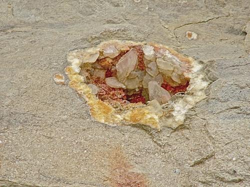 Calcite on Dolomite<br />State Route 56 road cut, Canton, Washington County, Indiana, USA<br />geode is about 18 cm   calcites are 6 - 7 cm<br /> (Author: Bob Harman)